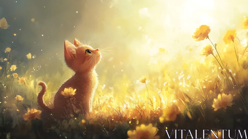 Golden backlit kitten observes luminous meadow blooms