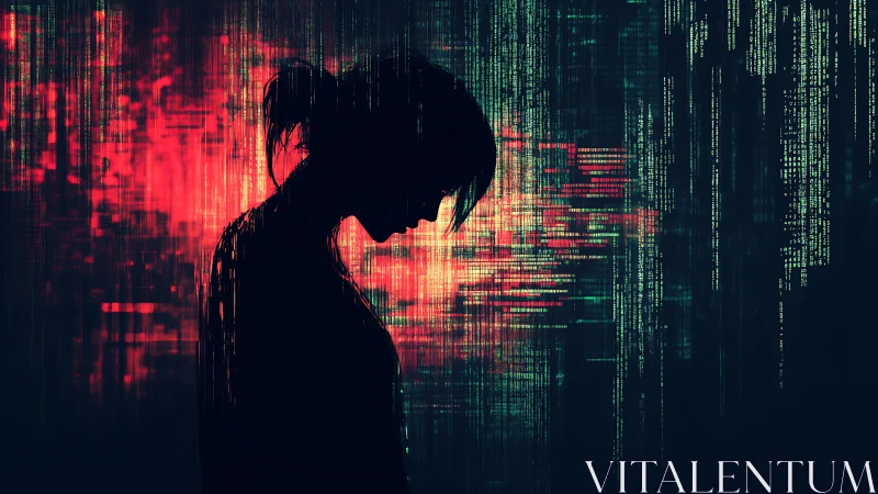 Silhouetted profile merges with glitching red data stream matrix