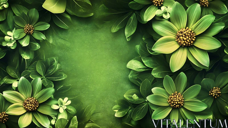 Lime-Green Floral Composition with Golden Botanical Centers.