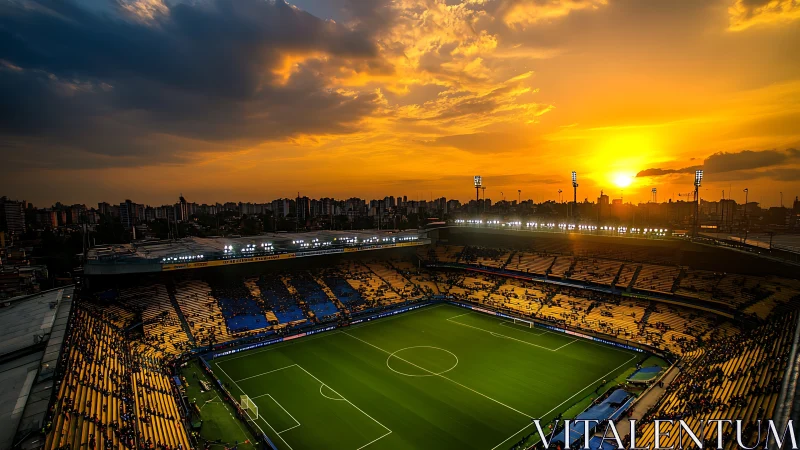 Sunset over illuminated football stadium in vibrant cityscape.