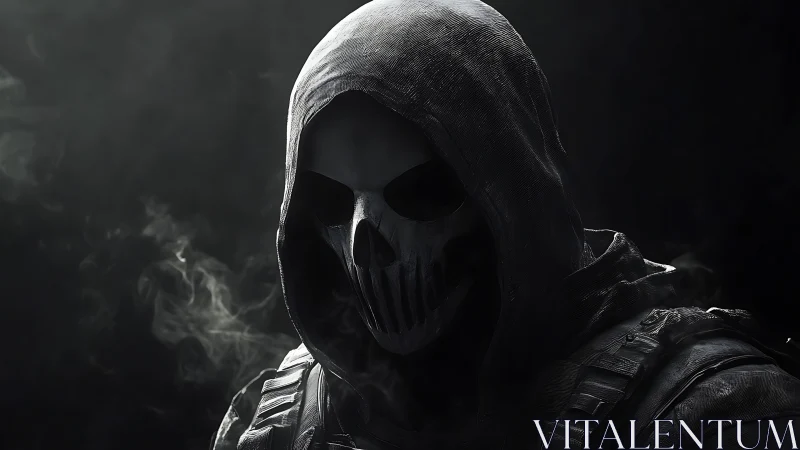 Grim hooded specter studies the dark in drifting combat smoke