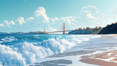 Golden Gate shoreline with dynamic waves in soft light.