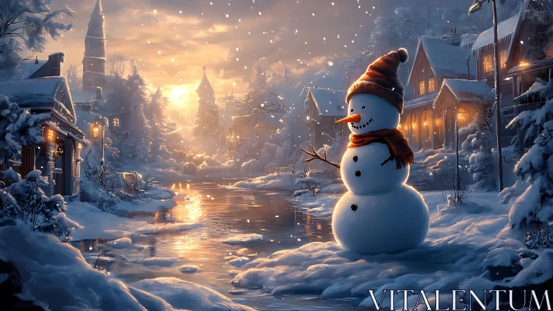 Snowman beside frozen river under warm winter sunset glow