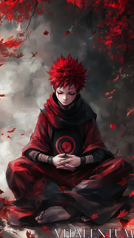 Red haired figure sits cross legged amid falling red leaves