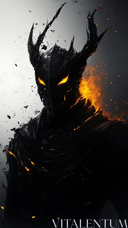Dark horned figure with molten eyes and partial flame cloak.