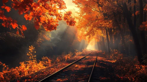 Sunlit autumn rails winding through a glowing forest path.