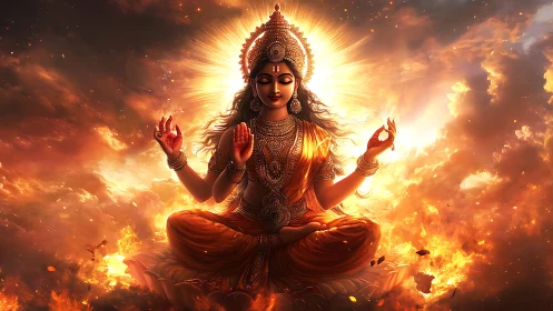 Goddess figure meditates in radiant fire-lit clouds