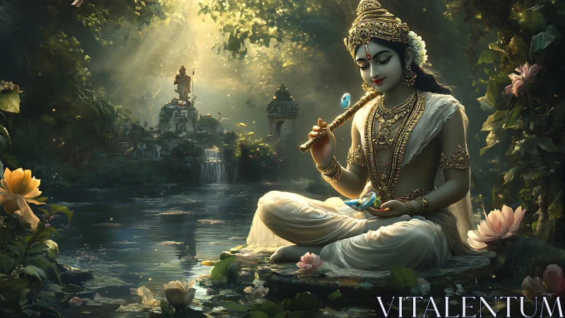 Divine figure playing flute beside reflective forest pond.