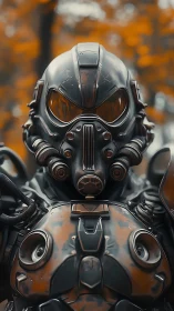 Armored exosuit with respirator helmet in autumn forest.