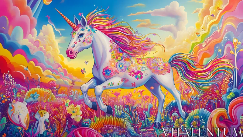 Chromatic unicorn galloping through dense neon floral fantasy field