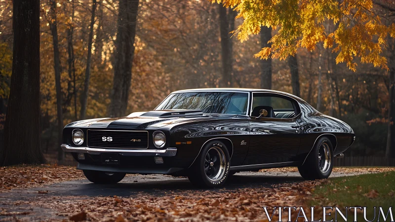 Black muscle car coupe stands on leaf-covered autumn woodland road