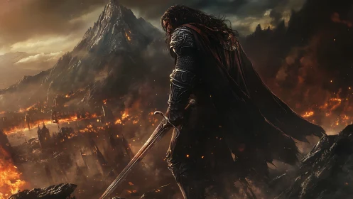 Armored warrior overlooks burning valley beneath dark peak.