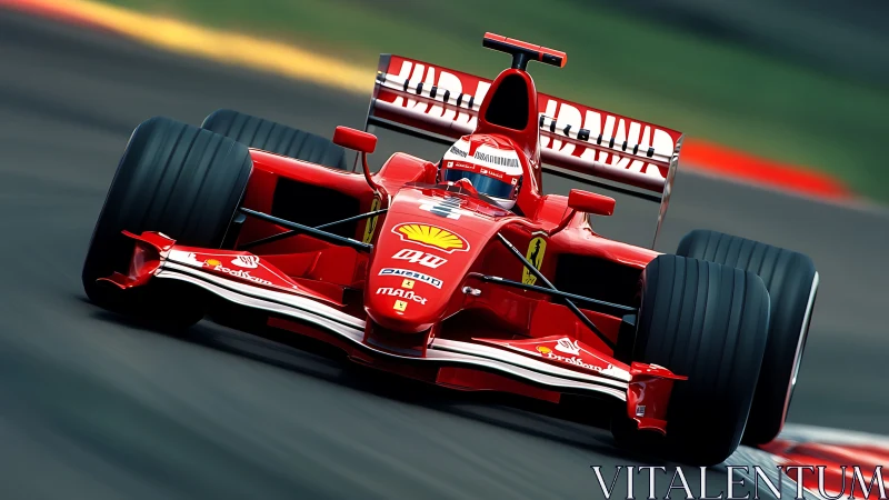 Red Formula 1 car powers through fast circuit corner.