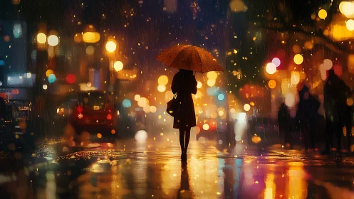 Silhouette under umbrella walking through neon city rain.