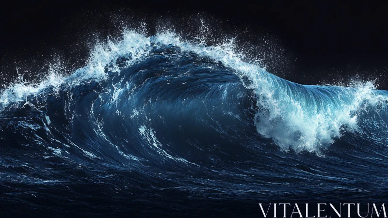 Cresting deep blue ocean wave under dramatic dark sky.