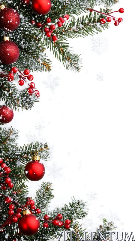 Joyful red ornaments on snowy evergreen branches invite cheer.