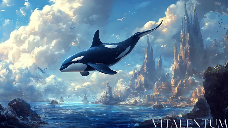 Majestic sky orca gliding over luminous fantasy seascape.