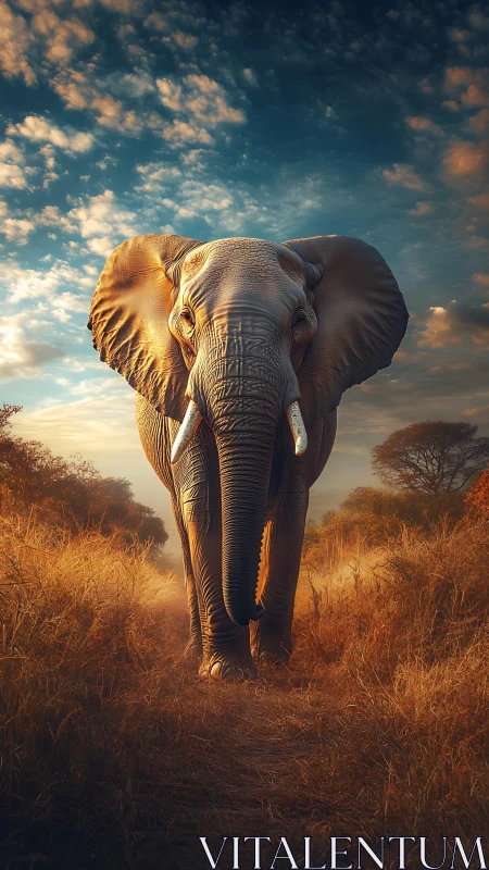 Elephant in dry grassland under partly cloudy sky at dusk.