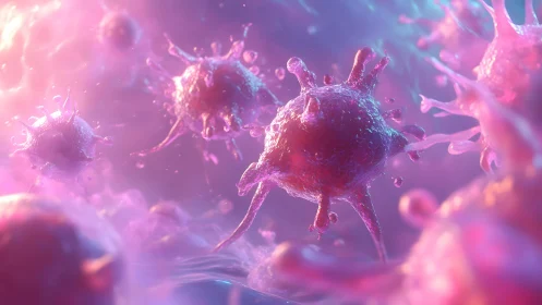 Vibrant 3D Illustration of Virus Particles in Pink and Purple Tones.