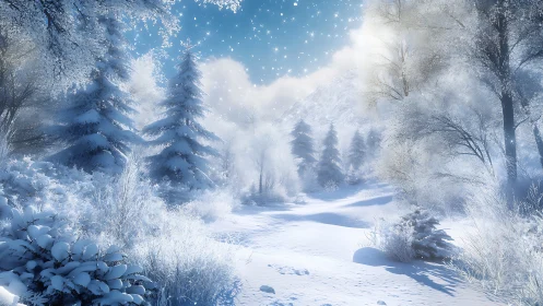 Snow covered conifer forest with distant mountain view.