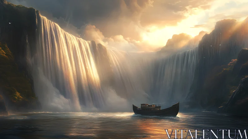 Wooden boat crosses misted lake beneath colossal falls