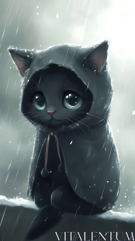 Black hooded cat sits in rainfall on snow-covered ledge