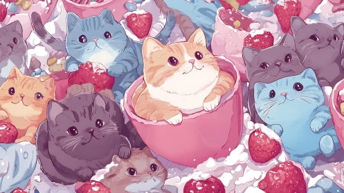 Adorable Cats Nestled in a Whimsical Strawberry Dream.