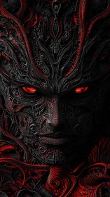 Mechanical biomorphic face with red illuminated details.