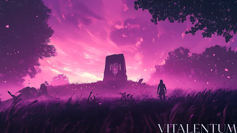 Neon magenta monolith glows above silhouetted explorer in misty field