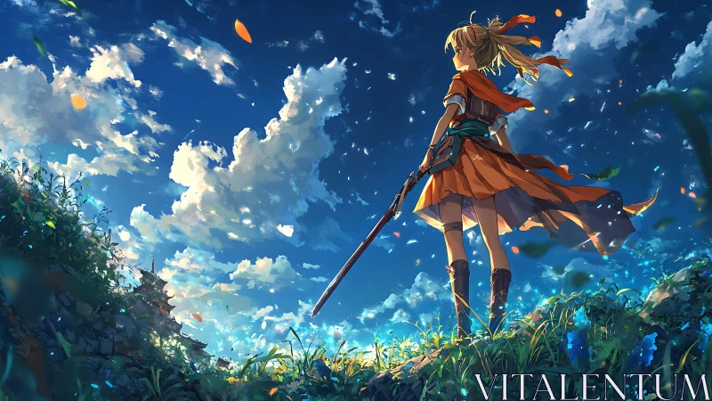 Anime landscape hero under expansive summer sky composition.