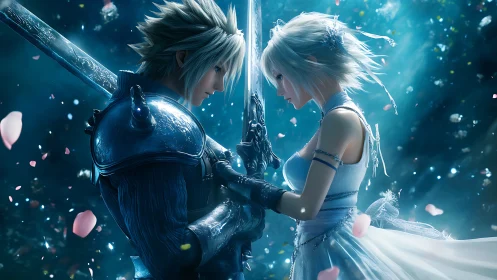 Tender fantasy lovers share a quiet vow beneath blue light.