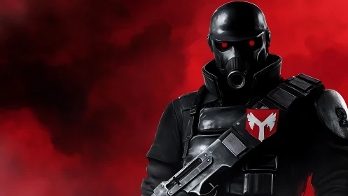 Crimson-void enforcer stands beneath the burning smoke sky.