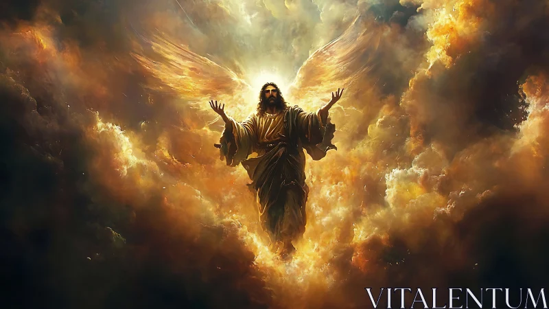 Radiant celestial figure rising through luminous clouds.