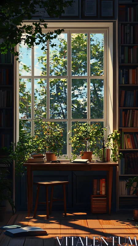 Sunlit library window with desk, books, and green plants.