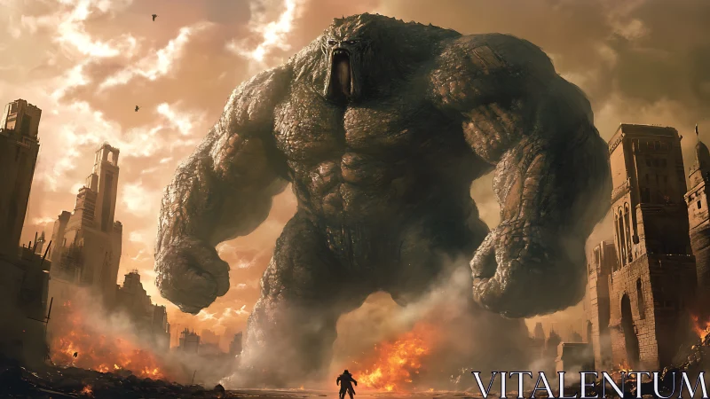 Colossal stone monster towering over burning ruined cityscape.