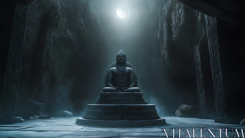 Stone Buddha statue in moonlit cavern interior at night.