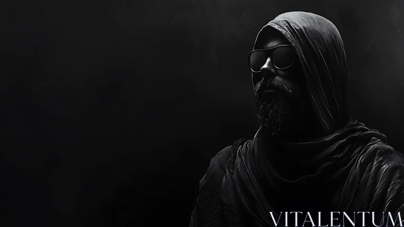 Monochrome hooded figure in high-contrast chiaroscuro portrait.