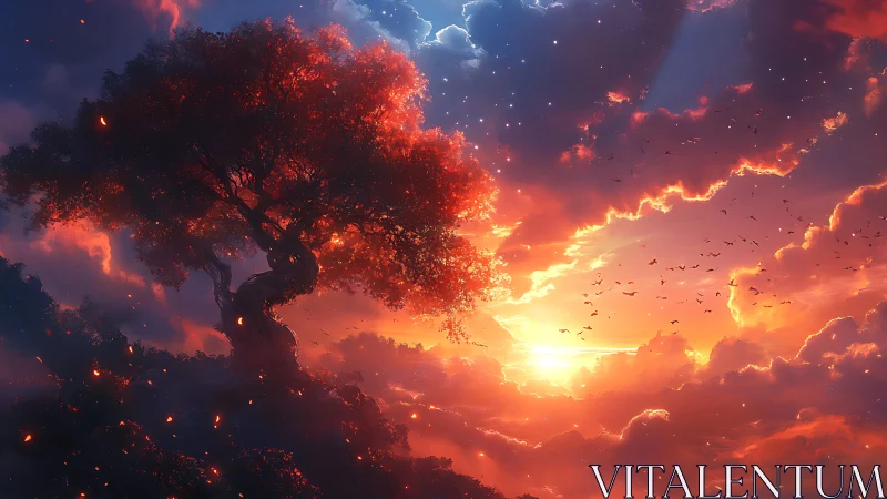 Solitary twisted tree against vivid fiery sunset sky.