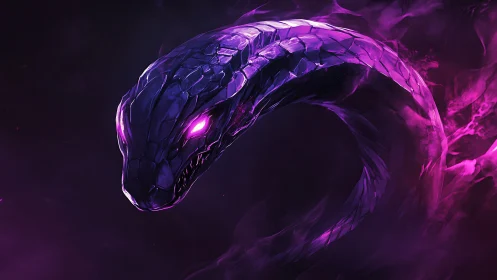 Purple spectral serpent coiled in dark smoky void.