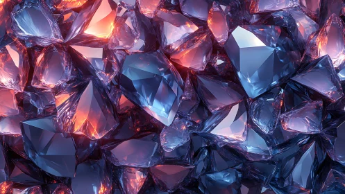 Luminous crystal cluster with blue facets and ember glow.