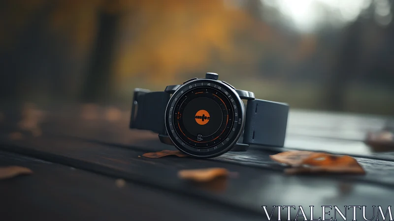 Sleek autumn watch resting on a wooden park table.