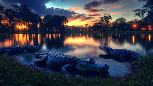 Alligators rest beside tranquil lake under vivid sunset