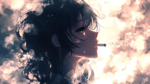Softly glowing girl exhales smoke into dreamy evening clouds