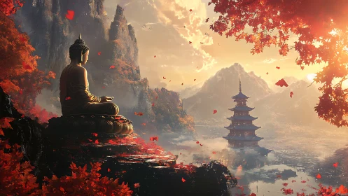 Autumn Buddha gazes over misty pagoda and ember mountains.