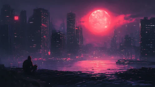 Crimson moonrise drapes a neon-drowned cyberpunk skyline.