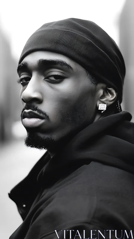 Monochrome urban portrait in shallow depth, side-facing gaze