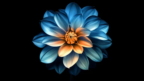 Blue Dahlia with Golden Center Against Black Background.