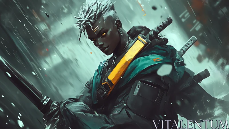 Cyberpunk swordsman advances through rain in dynamic teal haze