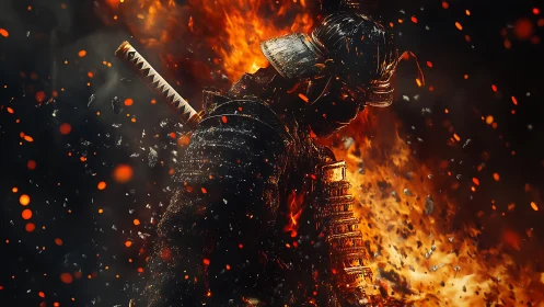 Armored samurai stands amid dense flames and drifting embers