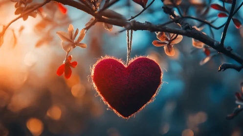 Red heart ornament hanging from tree branch in golden sunlight